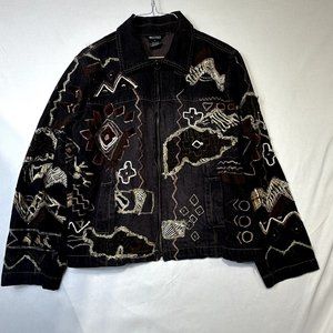 Multiples Tapestry Jacket Size L Patchwork Boho Safari Multicolor Collared Denim